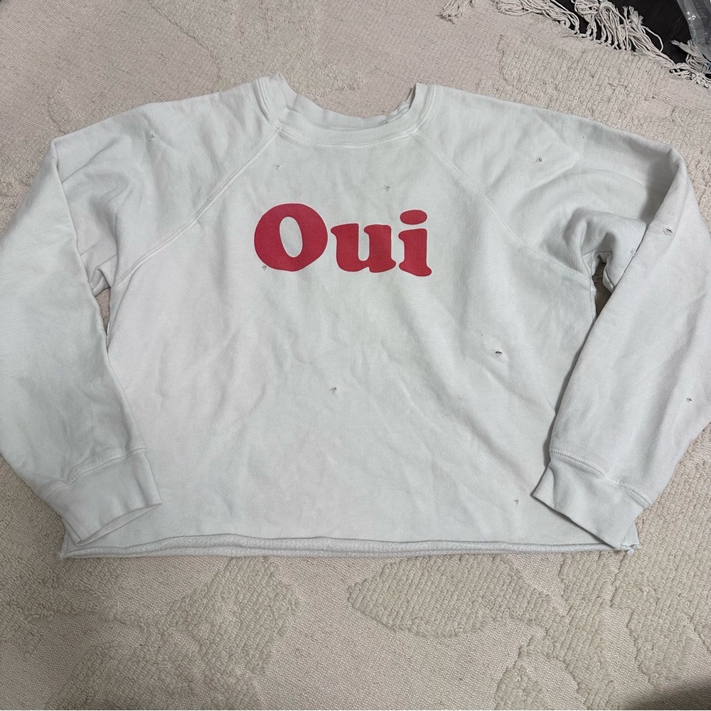 Retro brand distressed Oui White Sweatshirt cropped small white